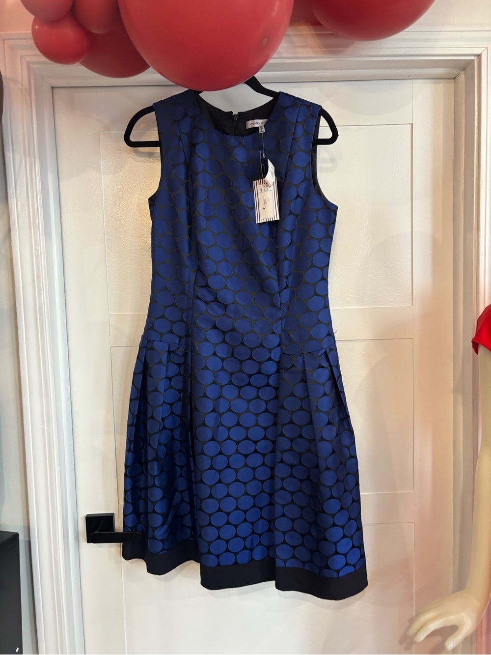 Carmen Marc Valvo Sleeveless Blue Polka Dot Fit-and-Flare Dress